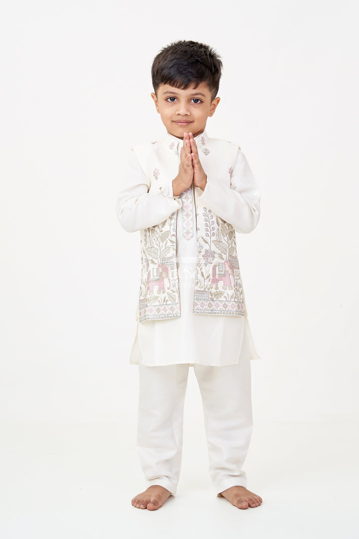 Boys jacket and pant set with Ivory Silk Blend Embroidered Jacket and Matching Trousers for Classic Festive Look