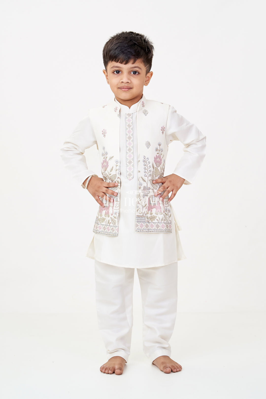 Boys jacket and pant set with Ivory Silk Blend Embroidered Jacket and Matching Trousers for Classic Festive Look