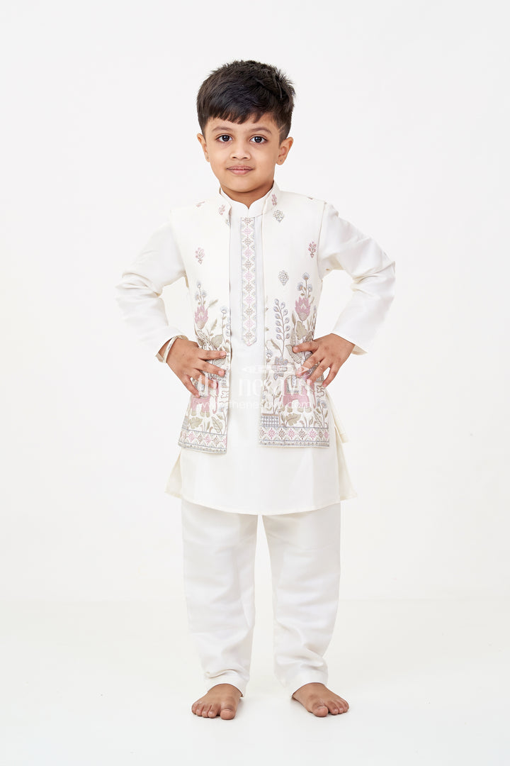 Boys jacket and pant set with Ivory Silk Blend Embroidered Jacket and Matching Trousers for Classic Festive Look