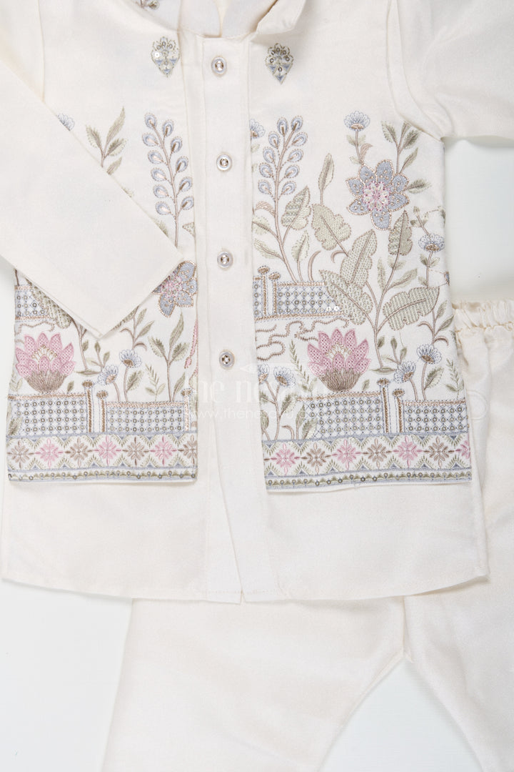 Boys jacket and pant set with Ivory Silk Blend Embroidered Jacket and Matching Trousers for Classic Festive Look