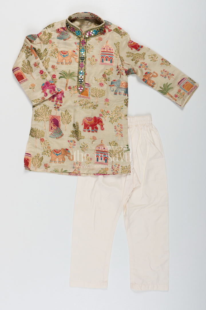 Boys kurta dhoti pant Set in Elephant Motif Digital Print and Cream Bottoms for Festive Style