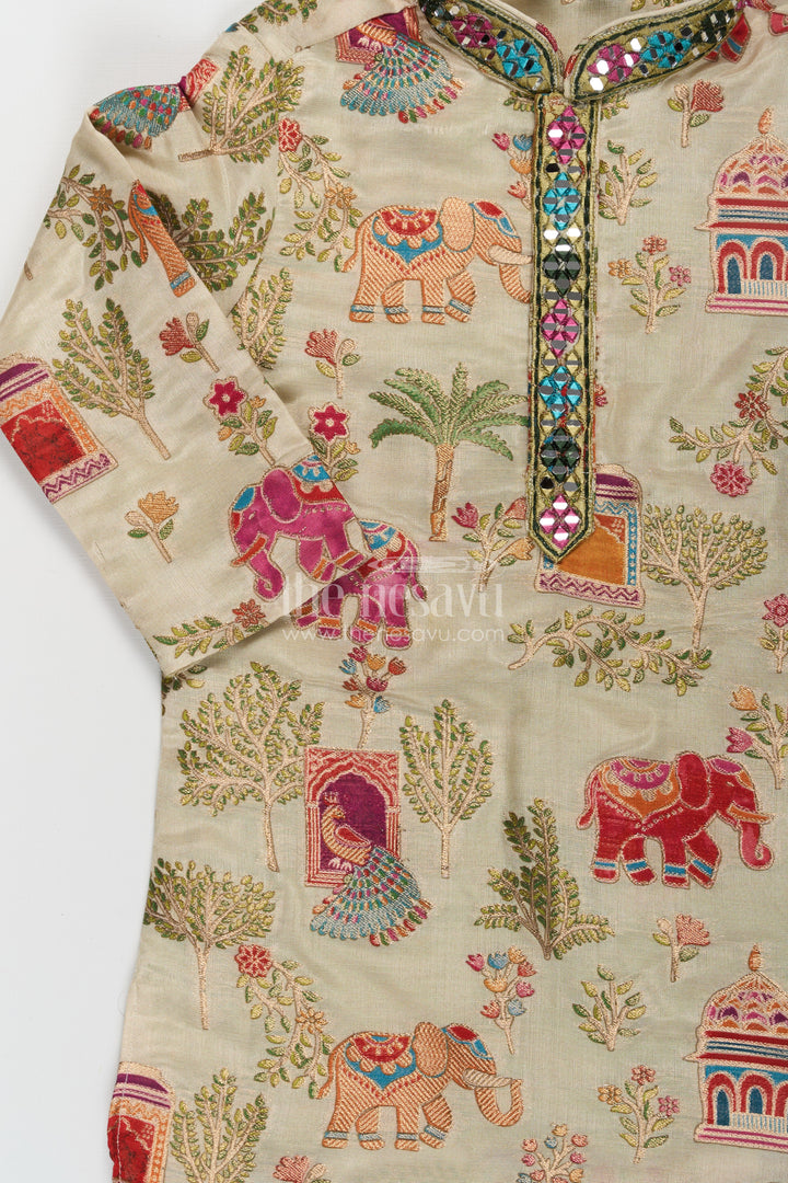 Boys kurta dhoti pant Set in Elephant Motif Digital Print and Cream Bottoms for Festive Style