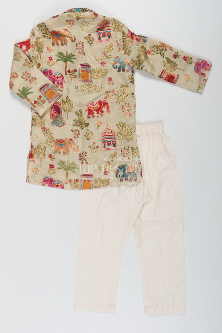 Boys kurta dhoti pant Set in Elephant Motif Digital Print and Cream Bottoms for Festive Style