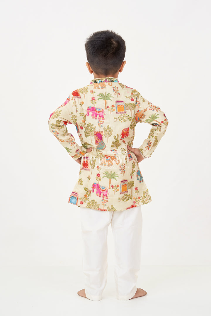 Boys kurta dhoti pant Set in Elephant Motif Digital Print and Cream Bottoms for Festive Style
