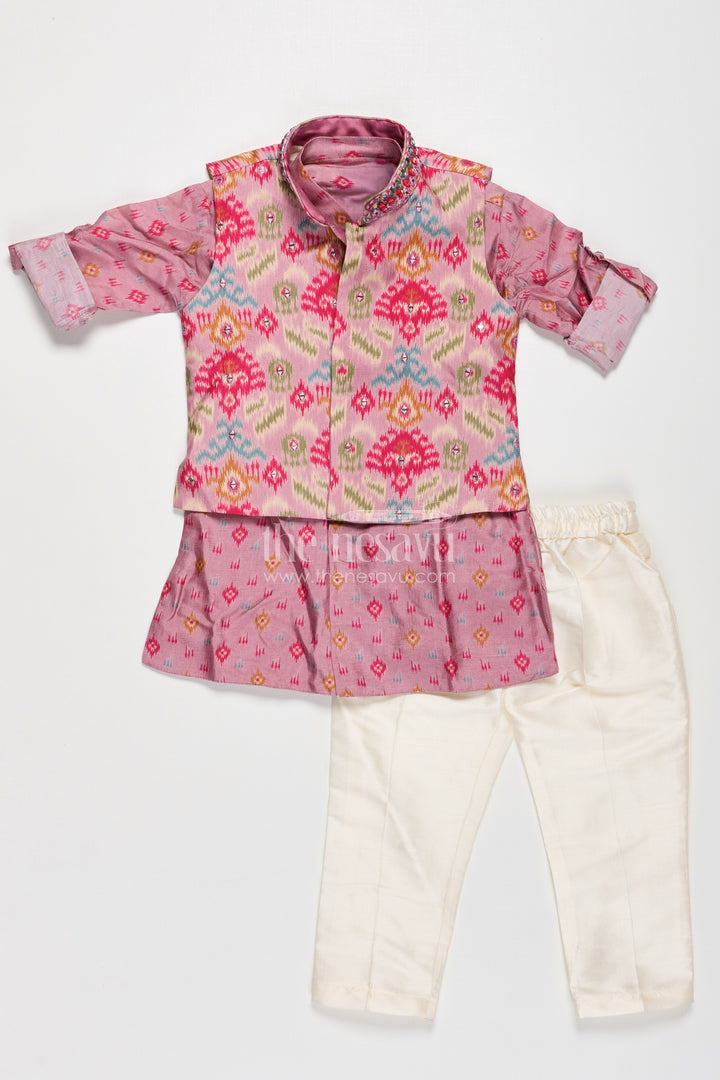 Boys Viscose Blend Jacket and Pants Set in Pink with Printed Kurta and Multicolor Ethnic Vest