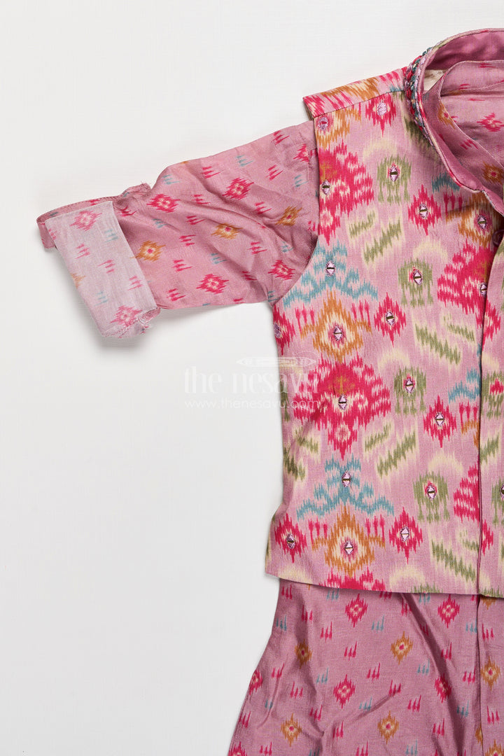 Boys Viscose Blend Jacket and Pants Set in Pink with Printed Kurta and Multicolor Ethnic Vest