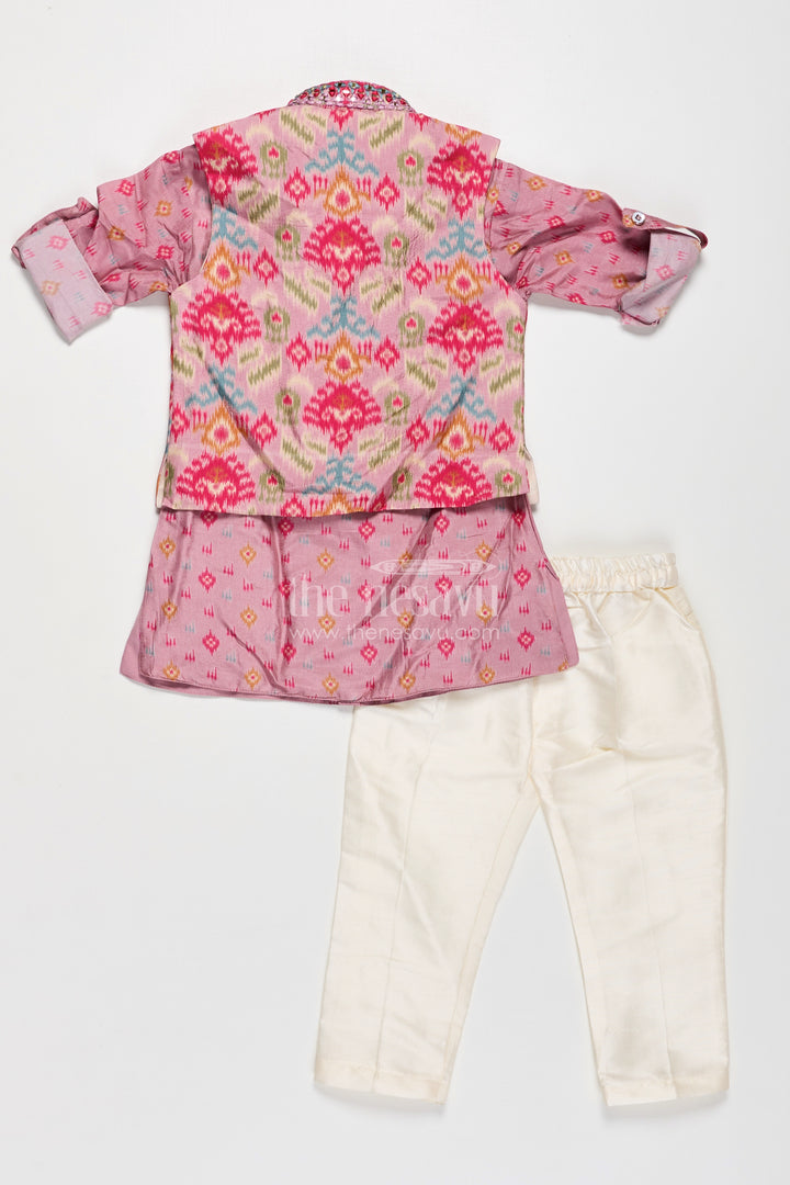 Boys Viscose Blend Jacket and Pants Set in Pink with Printed Kurta and Multicolor Ethnic Vest