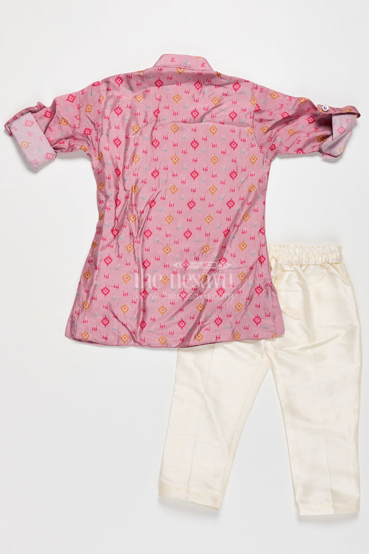 Boys Viscose Blend Jacket and Pants Set in Pink with Printed Kurta and Multicolor Ethnic Vest