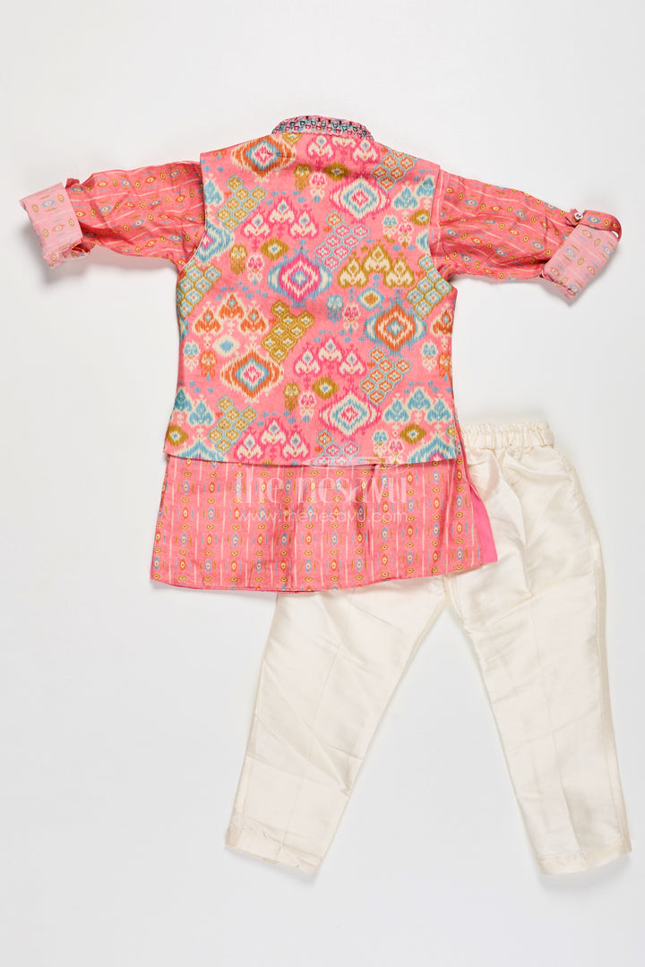 Boys Viscose Blend Jacket Pants Set in Coral with Printed Kurta and Festive Jacket Design