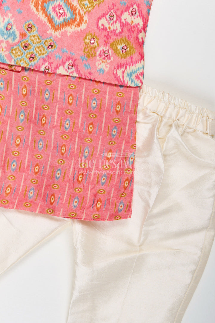 Boys Viscose Blend Jacket Pants Set in Coral with Printed Kurta and Festive Jacket Design