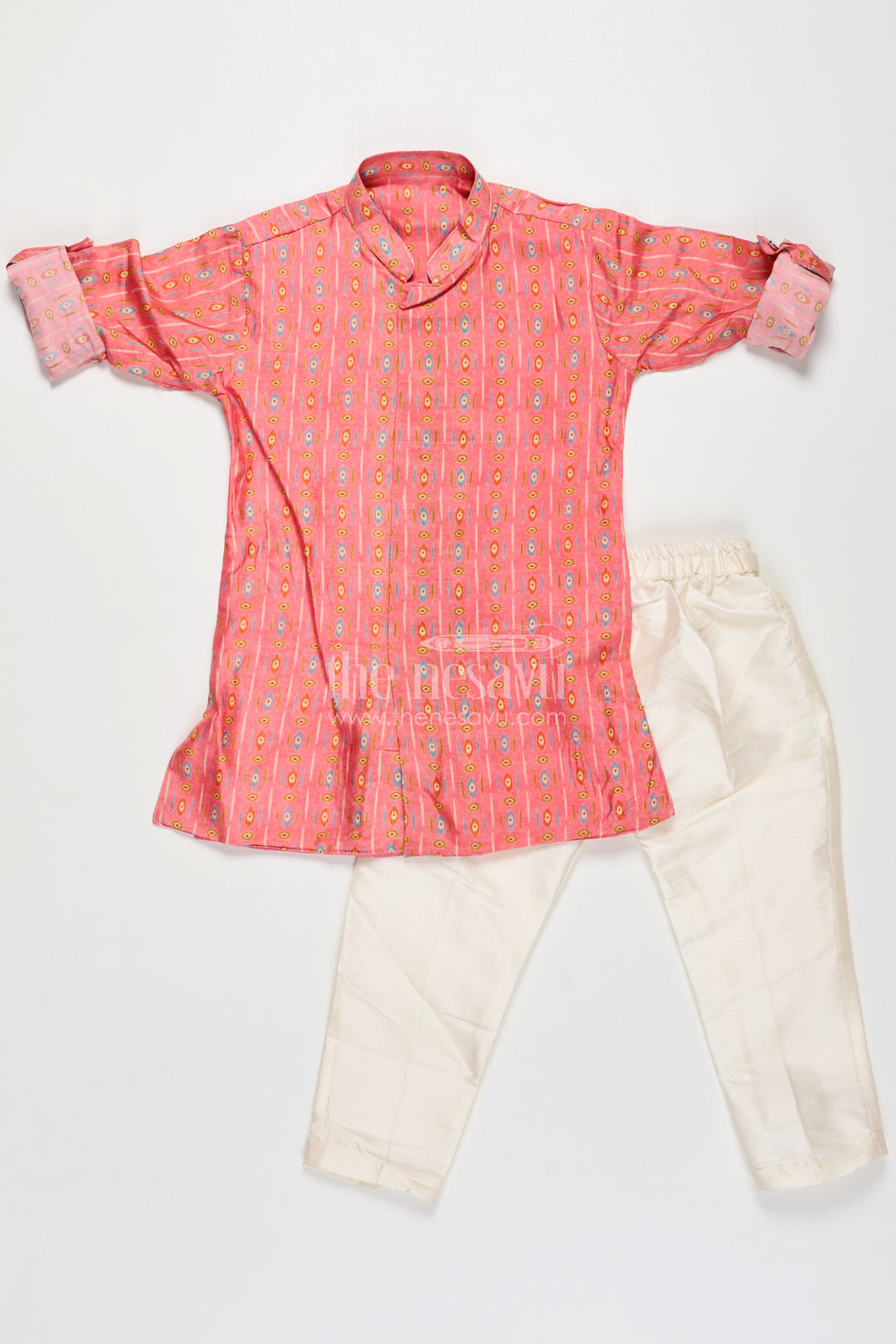 Boys Viscose Blend Jacket Pants Set in Coral with Printed Kurta and Festive Jacket Design