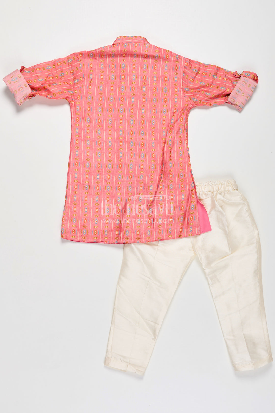 Boys Viscose Blend Jacket Pants Set in Coral with Printed Kurta and Festive Jacket Design