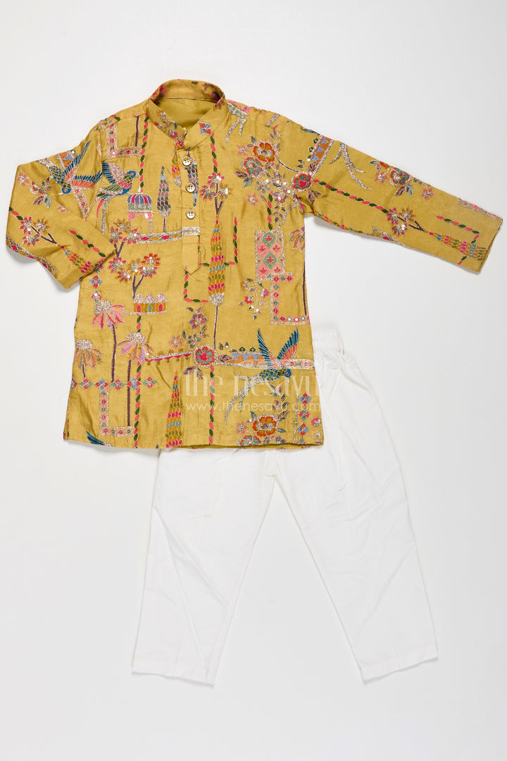 Boys Silk Blend Party Wear Kurtha Set in Mustard with Embroidered Details and White Pants