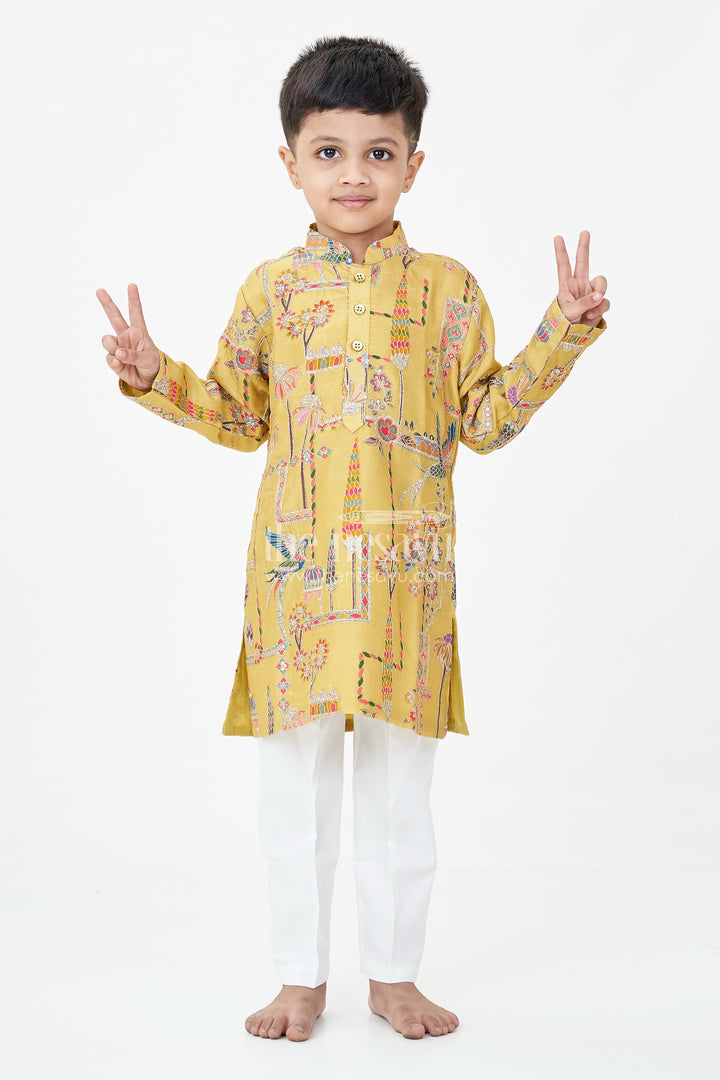 Boys Silk Blend Party Wear Kurtha Set in Mustard with Embroidered Details and White Pants