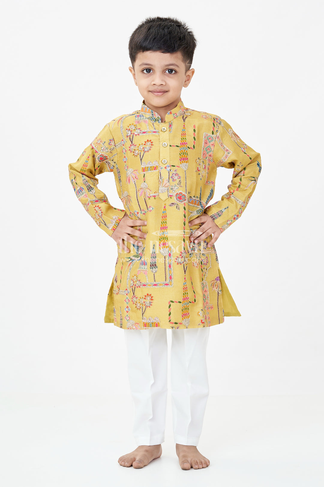Boys Silk Blend Party Wear Kurtha Set in Mustard with Embroidered Details and White Pants