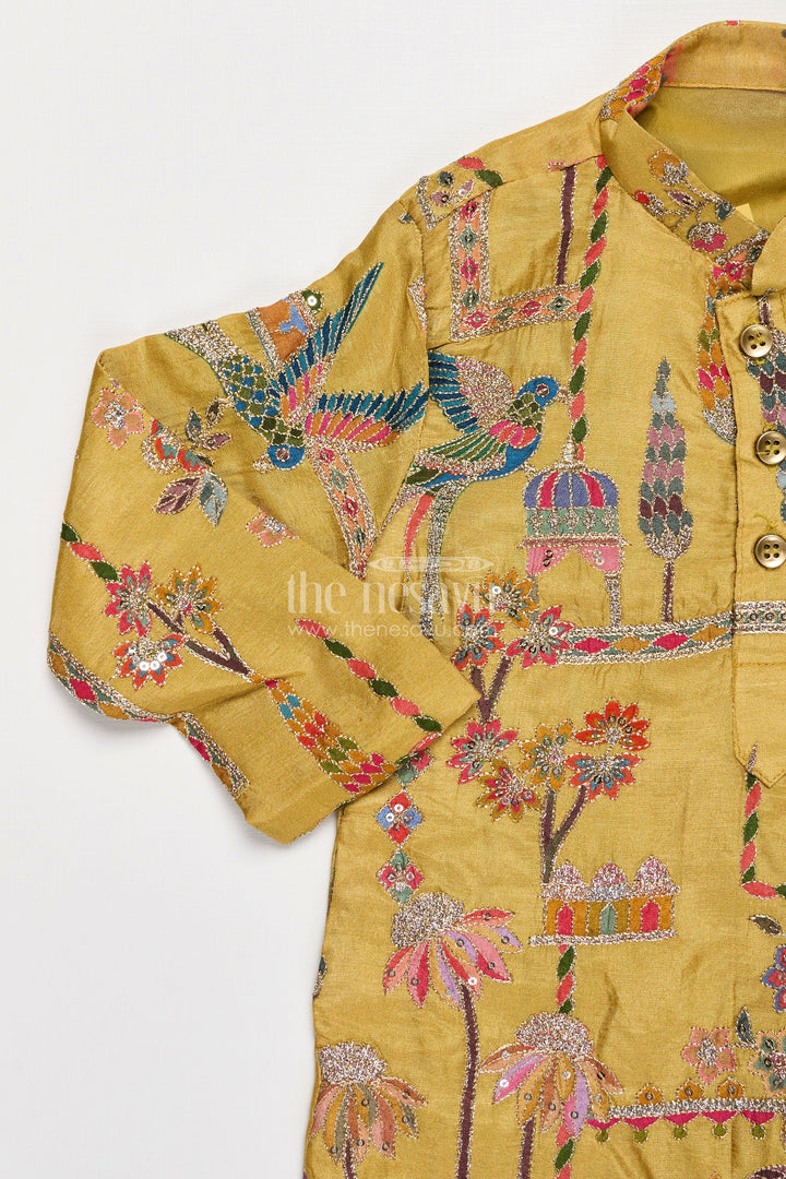 Boys Silk Blend Party Wear Kurtha Set in Mustard with Embroidered Details and White Pants