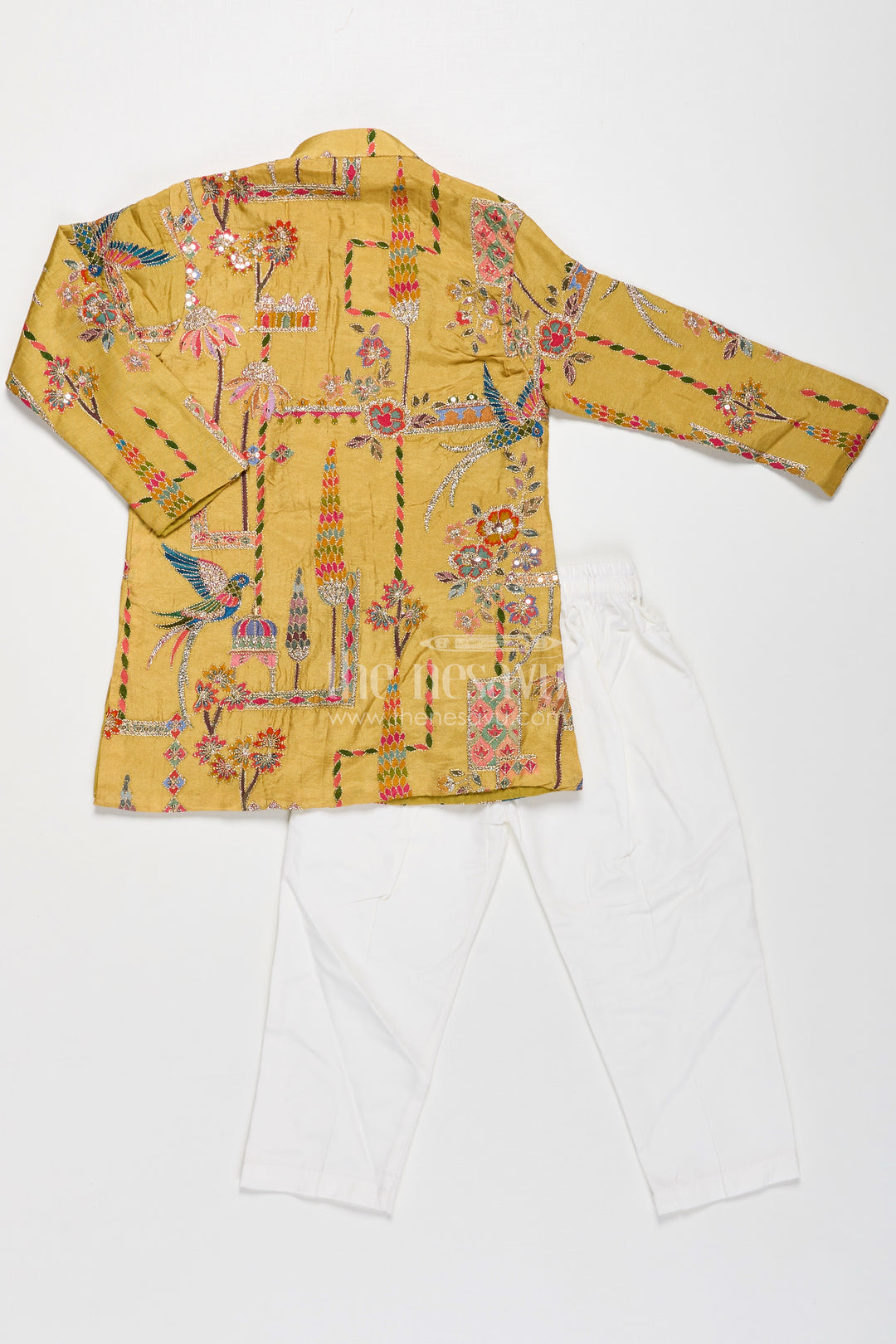 Boys Silk Blend Party Wear Kurtha Set in Mustard with Embroidered Details and White Pants