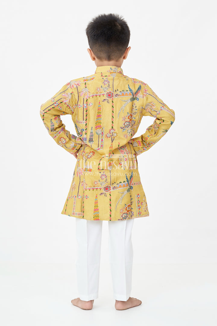 Boys Silk Blend Party Wear Kurtha Set in Mustard with Embroidered Details and White Pants