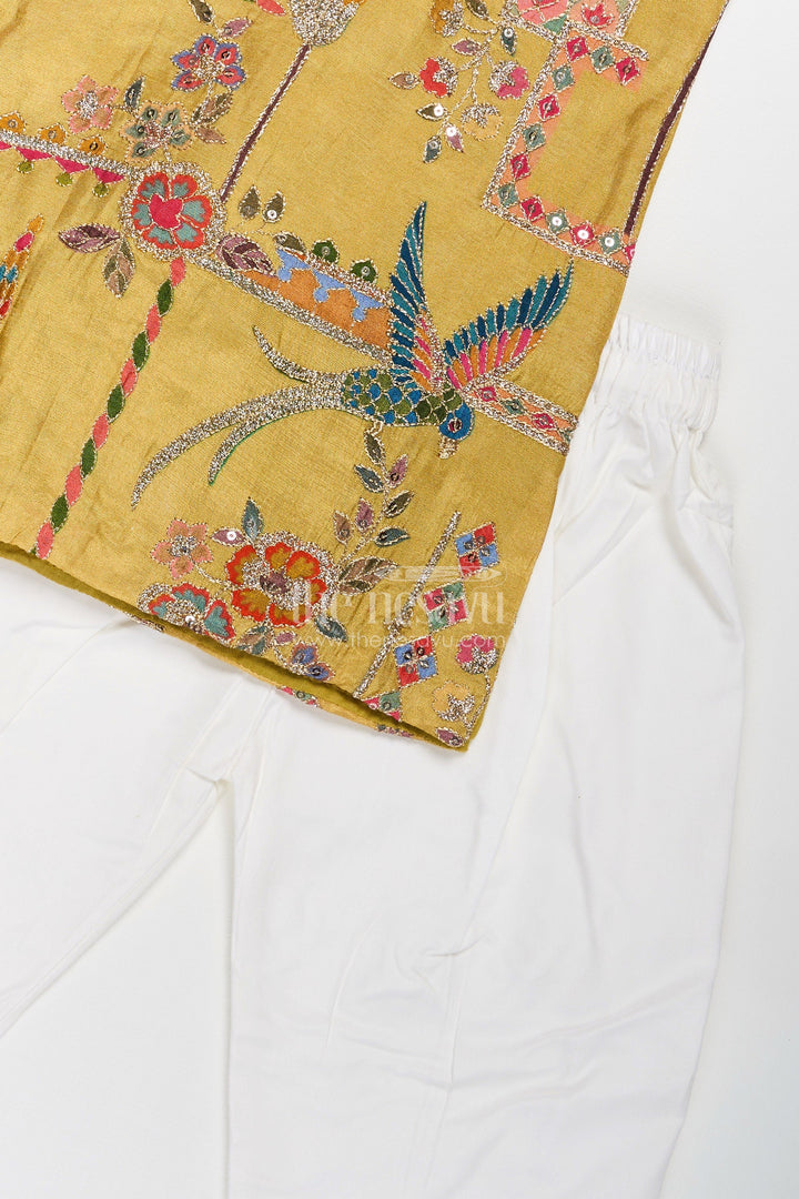 Boys Silk Blend Party Wear Kurtha Set in Mustard with Embroidered Details and White Pants