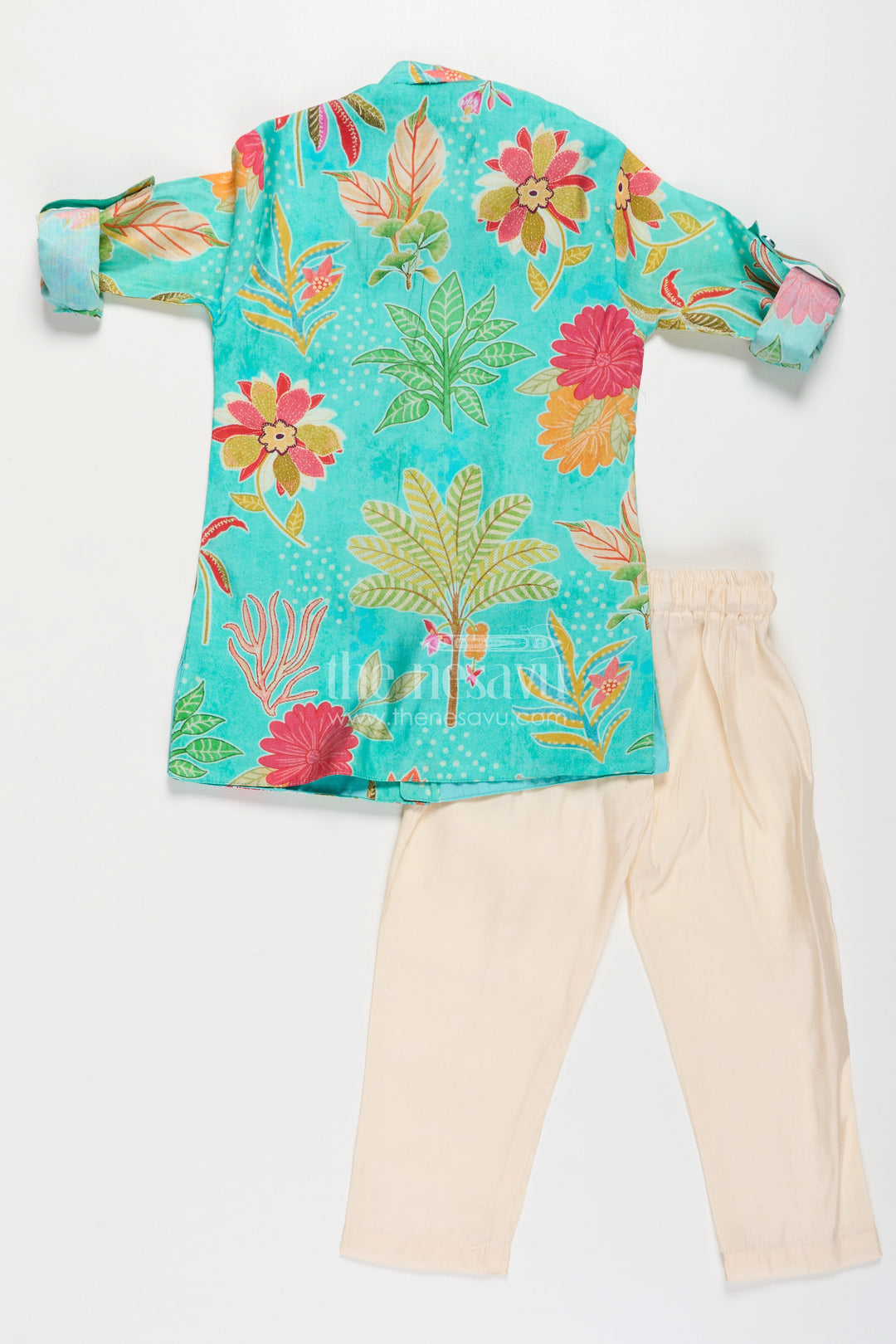 Boys Kurta Jacket Set in Digital Printed Muslin Silk with Vibrant Floral Designs and Cream Pants