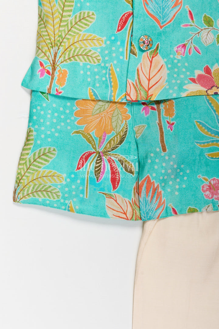 Boys Kurta Jacket Set in Digital Printed Muslin Silk with Vibrant Floral Designs and Cream Pants