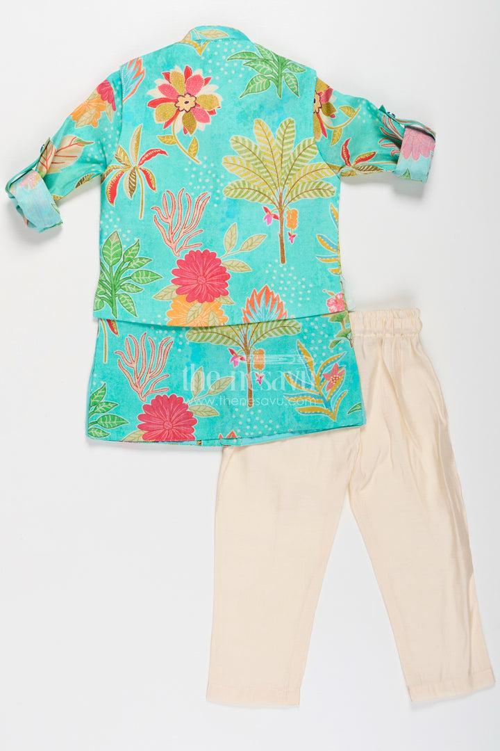 Boys Kurta Jacket Set in Digital Printed Muslin Silk with Vibrant Floral Designs and Cream Pants