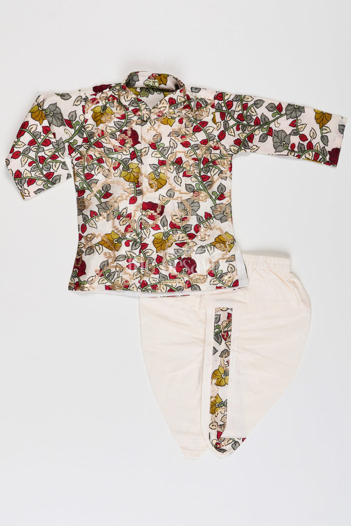Boys Bacchon Ke Dhoti Set with Printed Silk Jacquard Kurta and Ivory Dhoti for Festive Looks