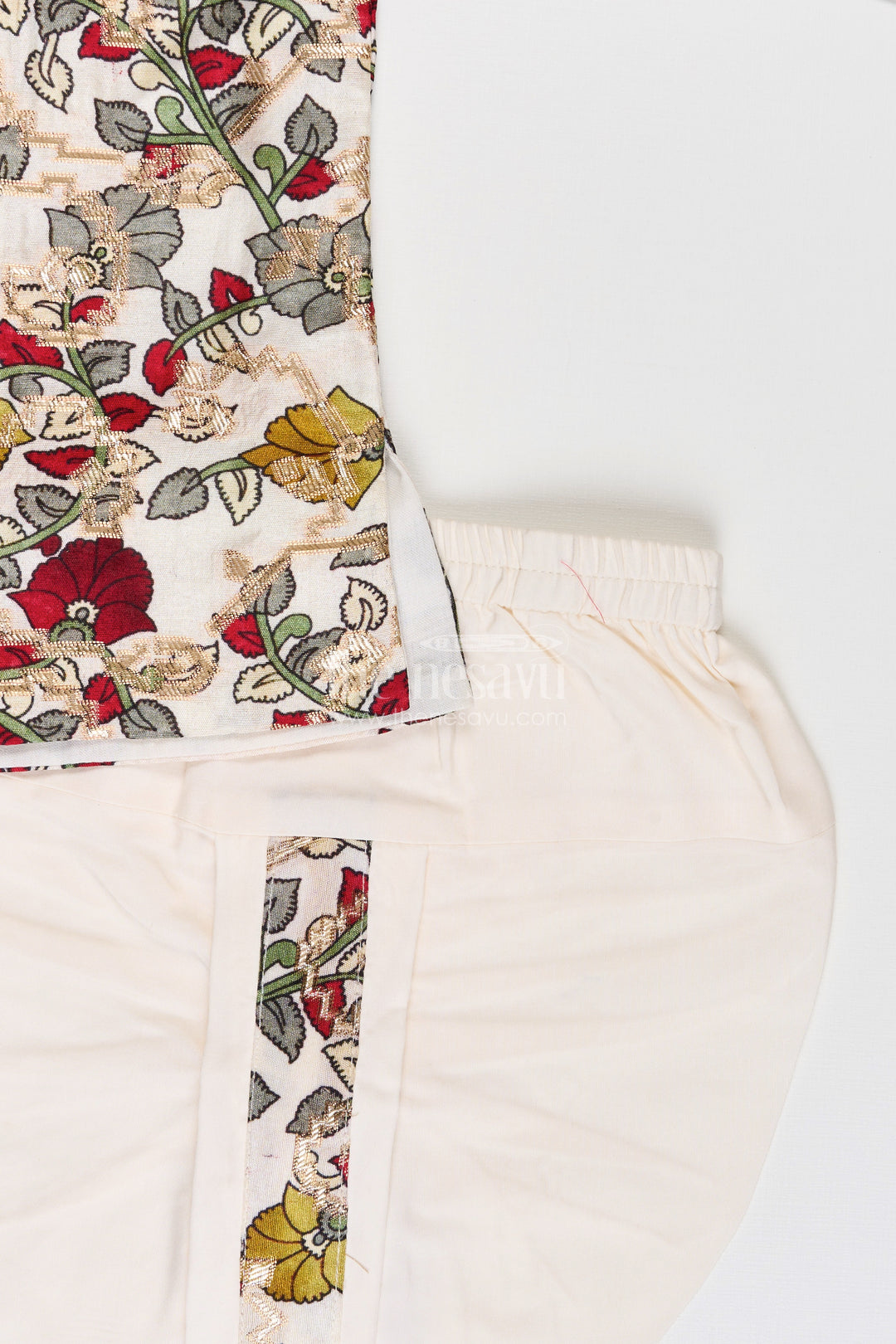 Boys Bacchon Ke Dhoti Set with Printed Silk Jacquard Kurta and Ivory Dhoti for Festive Looks