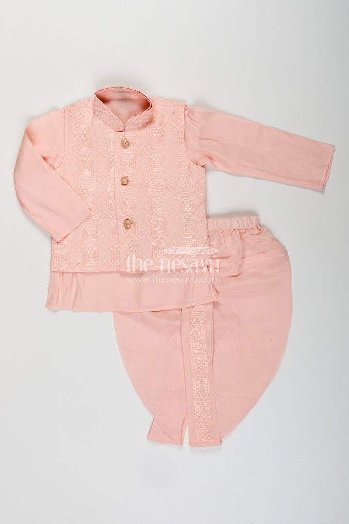 Baby boy peach dhoti set with embroidered silk jacket for naming and festive wear
