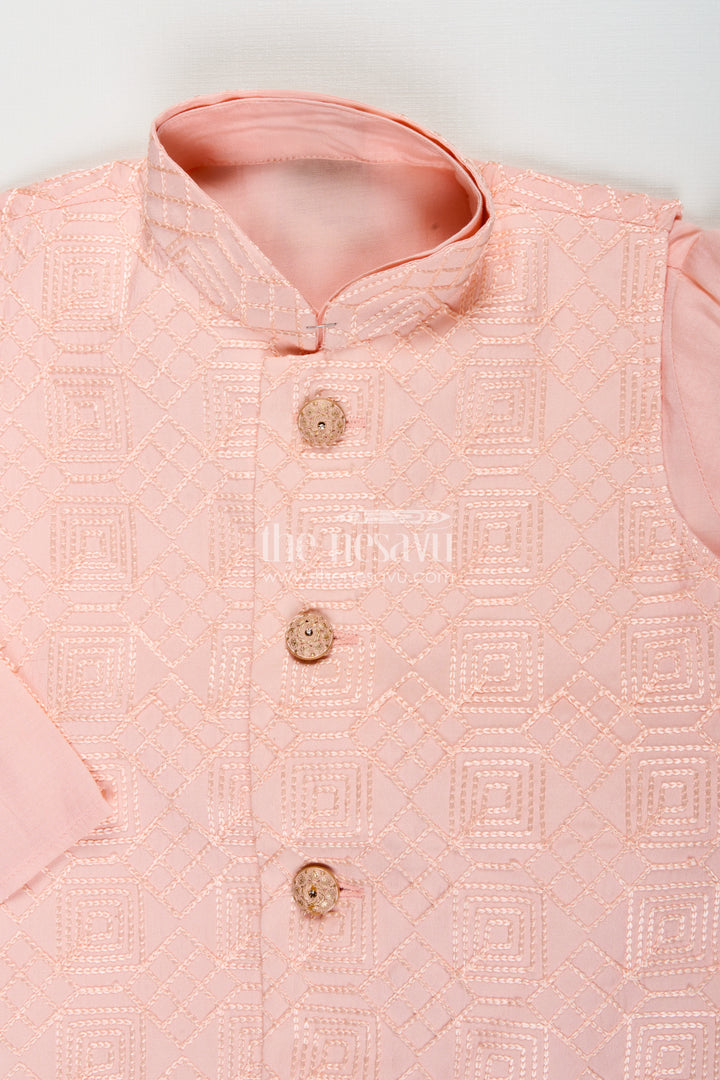 Baby boy peach dhoti set with embroidered silk jacket for naming and festive wear