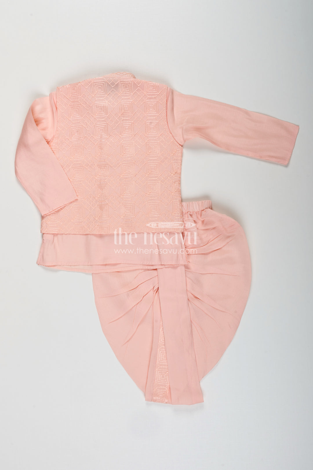 Baby boy peach dhoti set with embroidered silk jacket for naming and festive wear