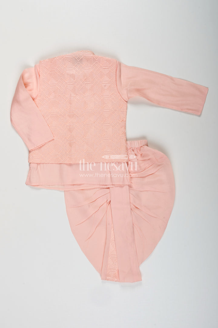 Baby boy peach dhoti set with embroidered silk jacket for naming and festive wear