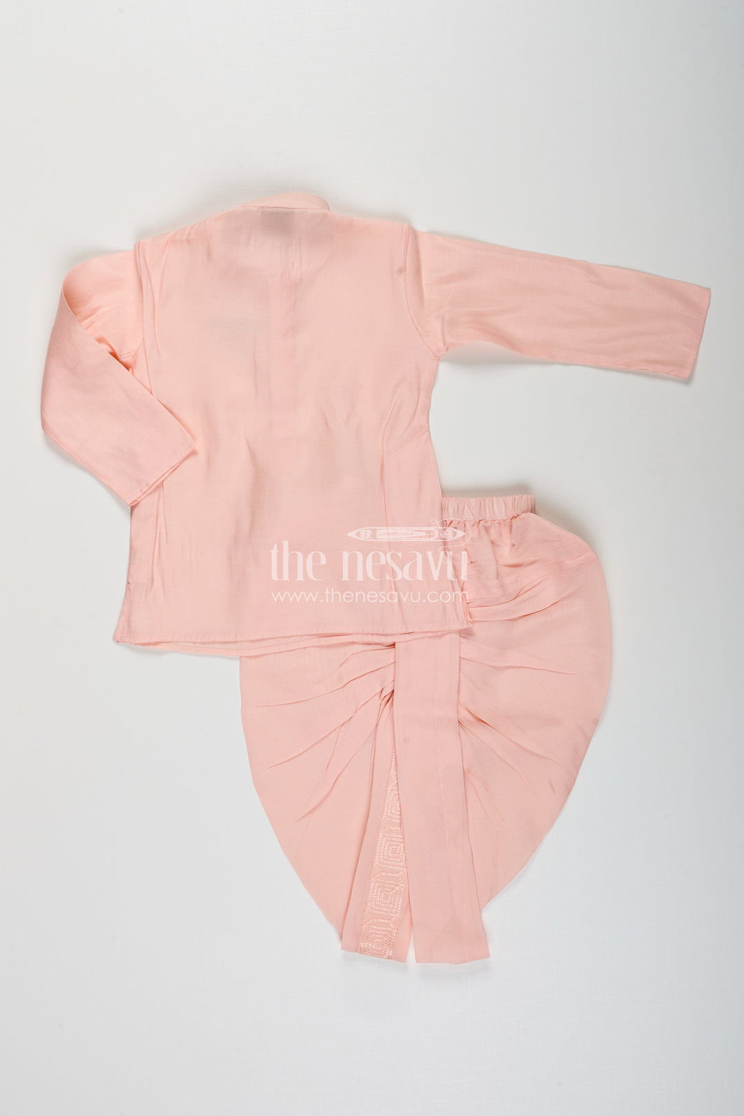 Baby boy peach dhoti set with embroidered silk jacket for naming and festive wear