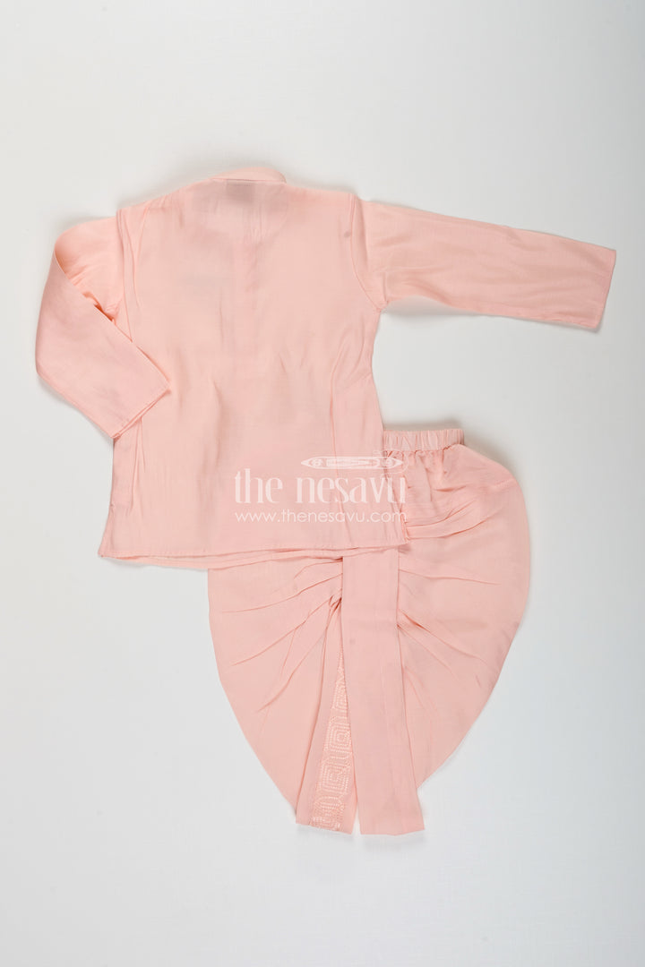 Baby boy peach dhoti set with embroidered silk jacket for naming and festive wear