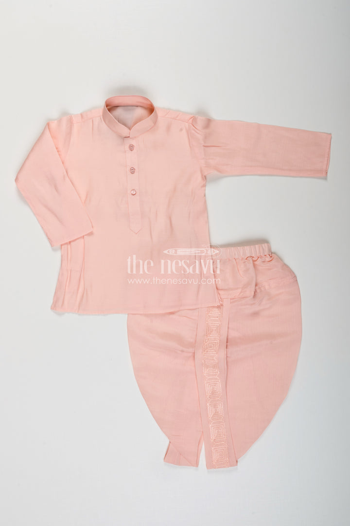 Baby boy peach dhoti set with embroidered silk jacket for naming and festive wear