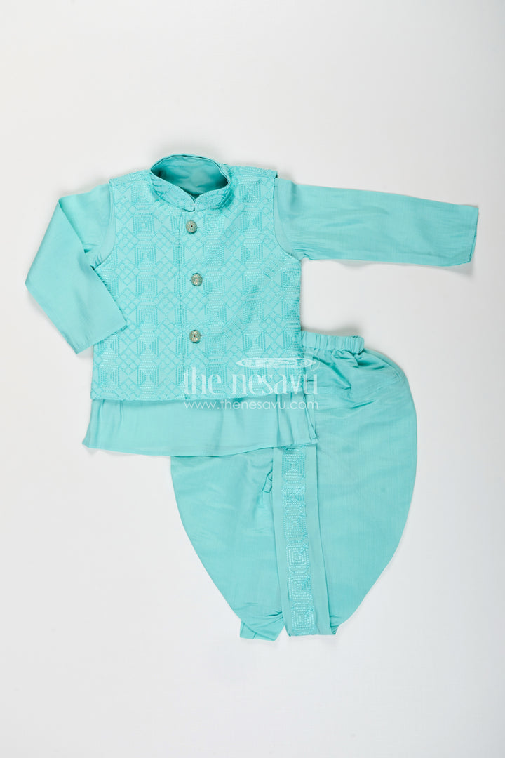 Baby boy blue dhoti set with embroidered jacket for festive and naming day