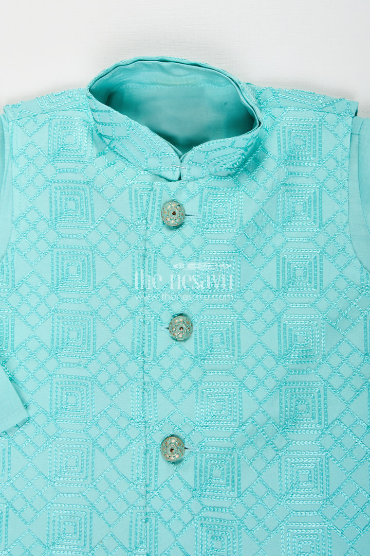 Baby boy blue dhoti set with embroidered jacket for festive and naming day