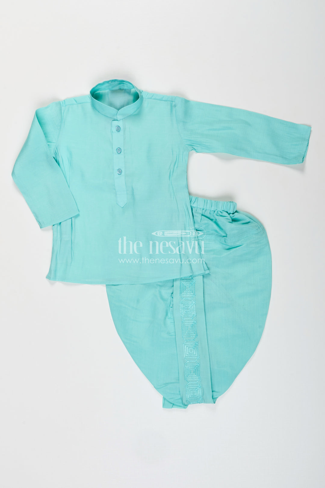 Baby boy blue dhoti set with embroidered jacket for festive and naming day