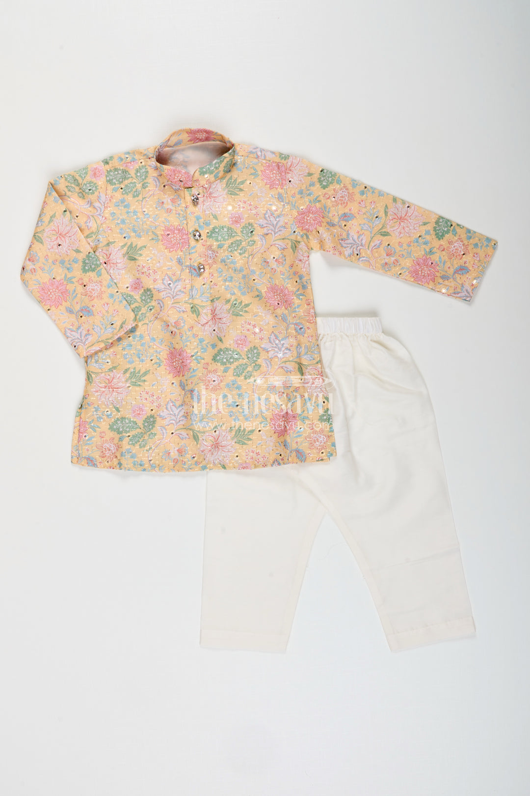 Boys yellow kurta set with floral sequin embroidery for weddings