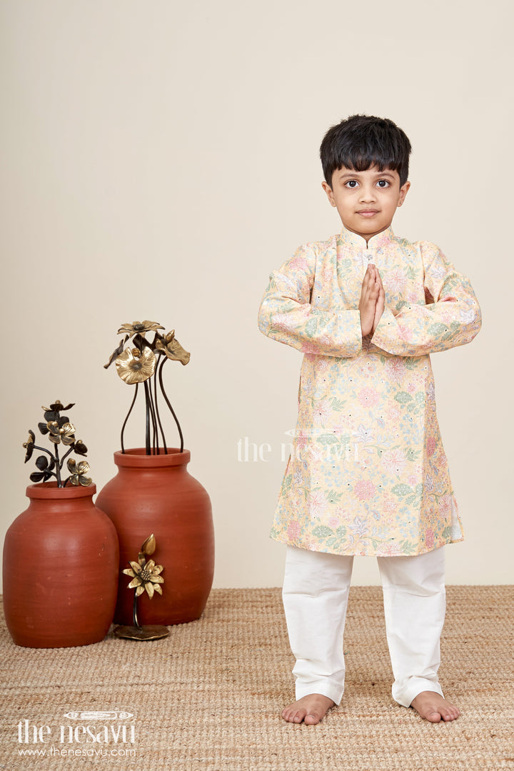 Boys yellow kurta set with floral sequin embroidery for weddings