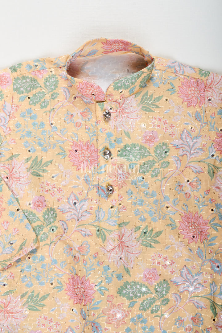 Boys yellow kurta set with floral sequin embroidery for weddings