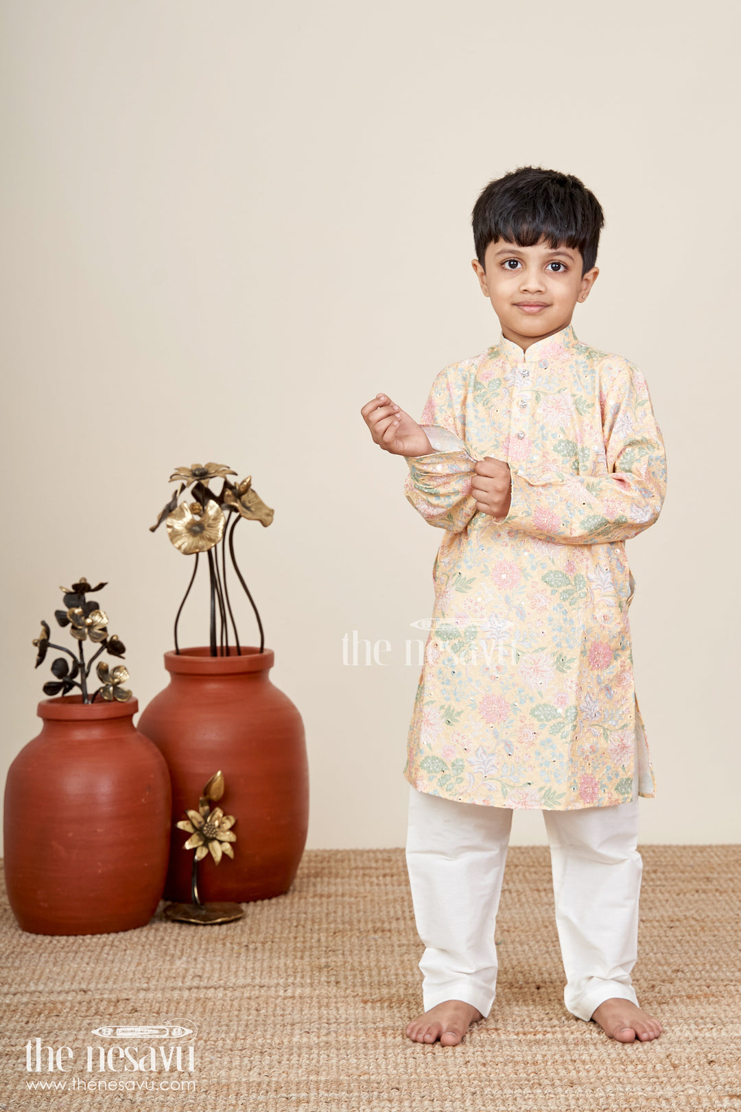Boys yellow kurta set with floral sequin embroidery for weddings