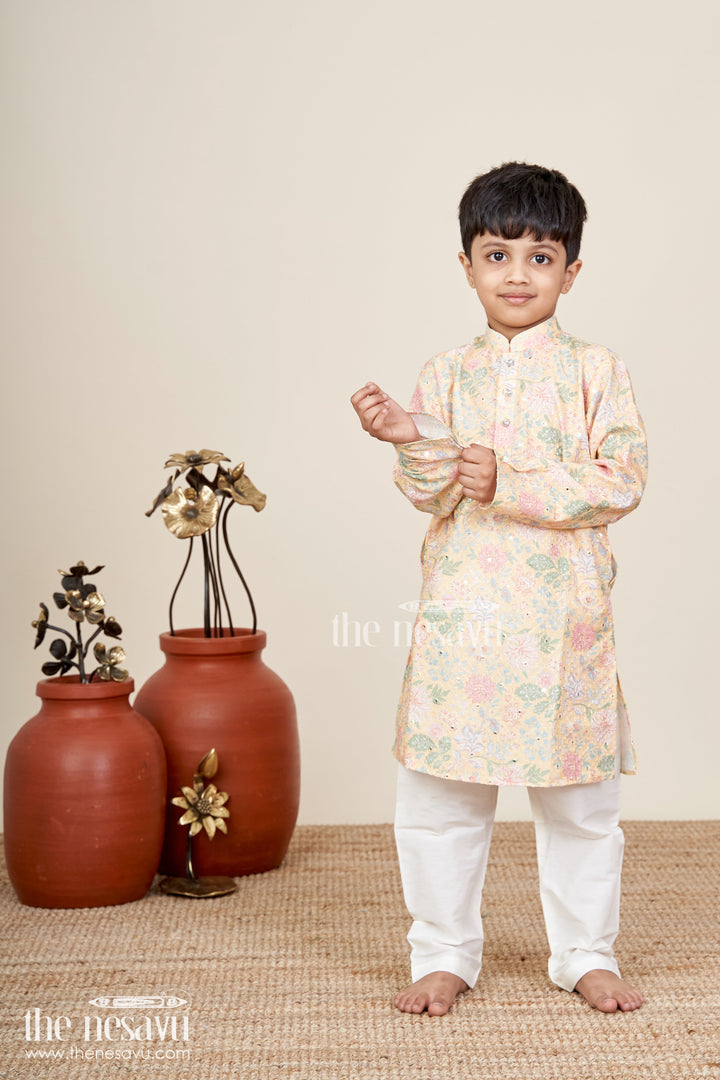 Boys yellow kurta set with floral sequin embroidery for weddings