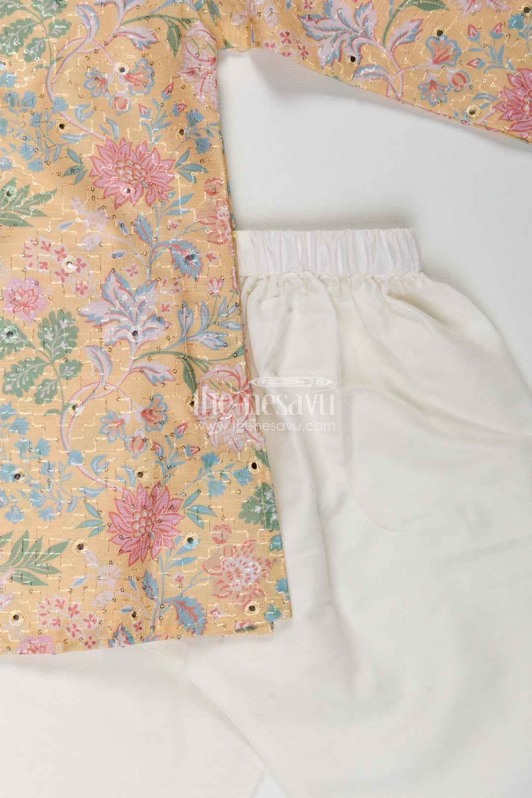 Boys yellow kurta set with floral sequin embroidery for weddings
