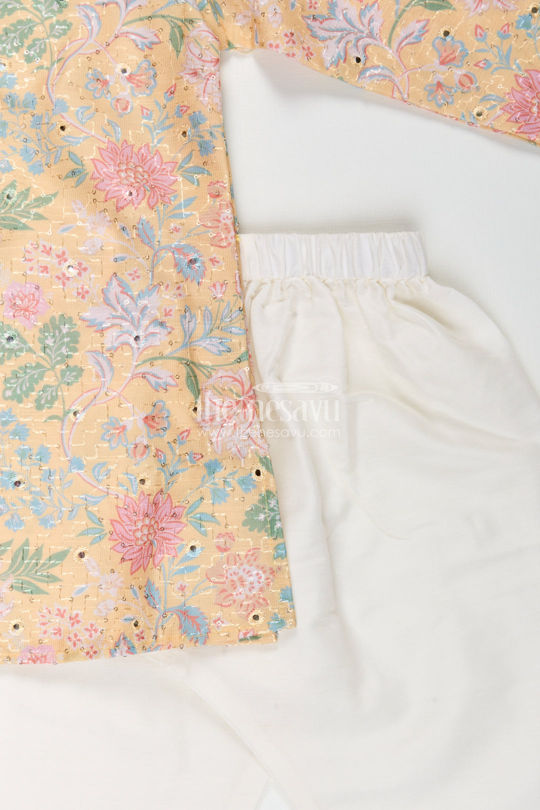 Boys yellow kurta set with floral sequin embroidery for weddings