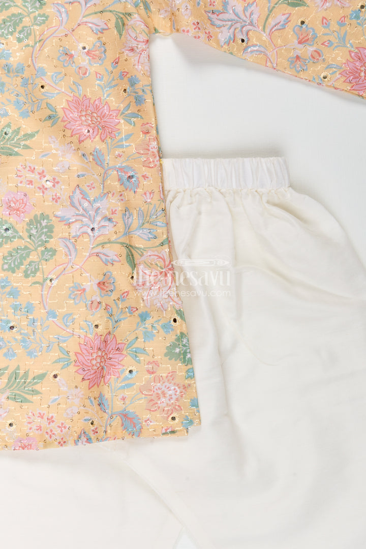 Boys yellow kurta set with floral sequin embroidery for weddings