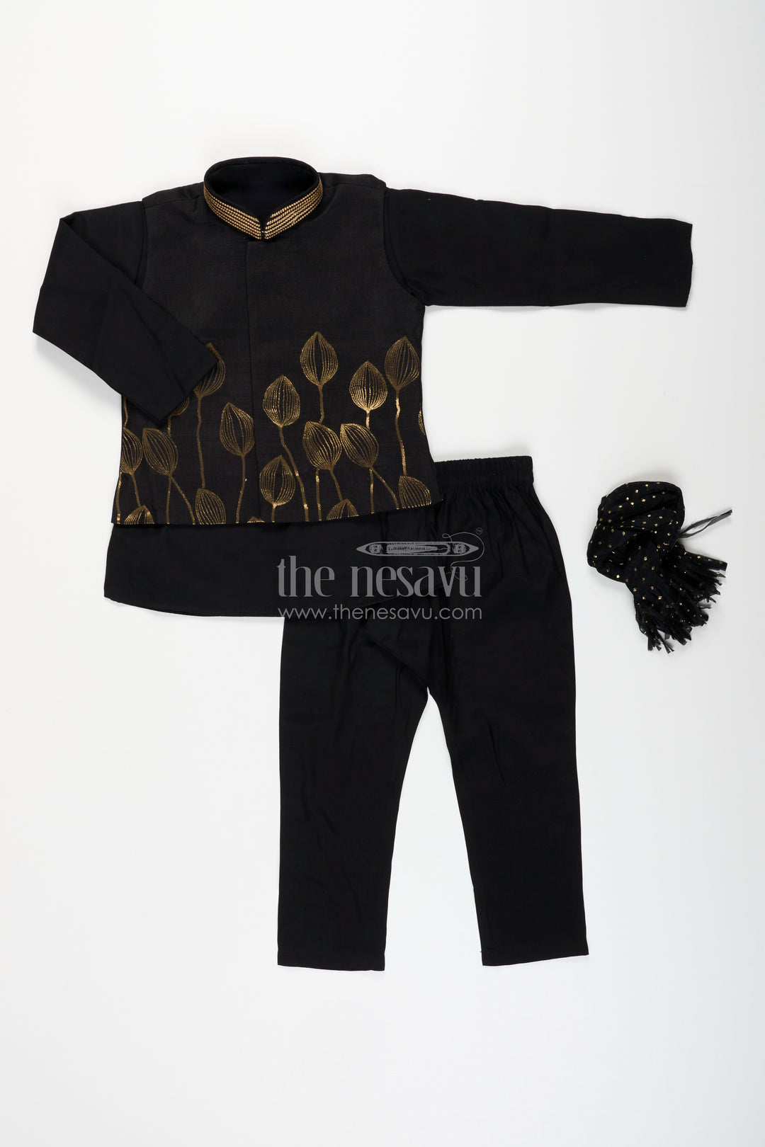 Boys black jacket set with gold leaf embroidery for Diwali and weddings
