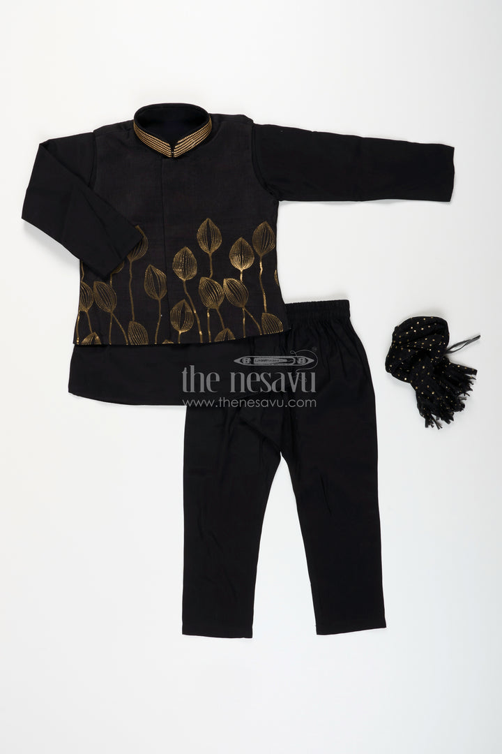 Boys black jacket set with gold leaf embroidery for Diwali and weddings