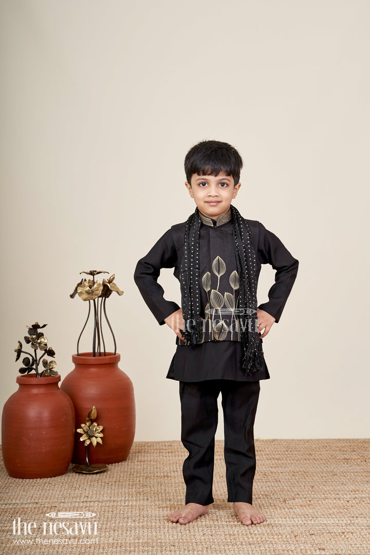 Boys black jacket set with gold leaf embroidery for Diwali and weddings