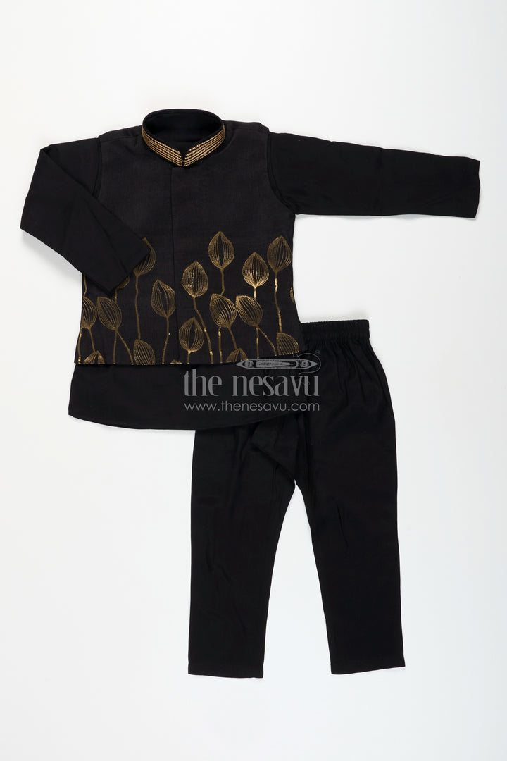 Boys black jacket set with gold leaf embroidery for Diwali and weddings